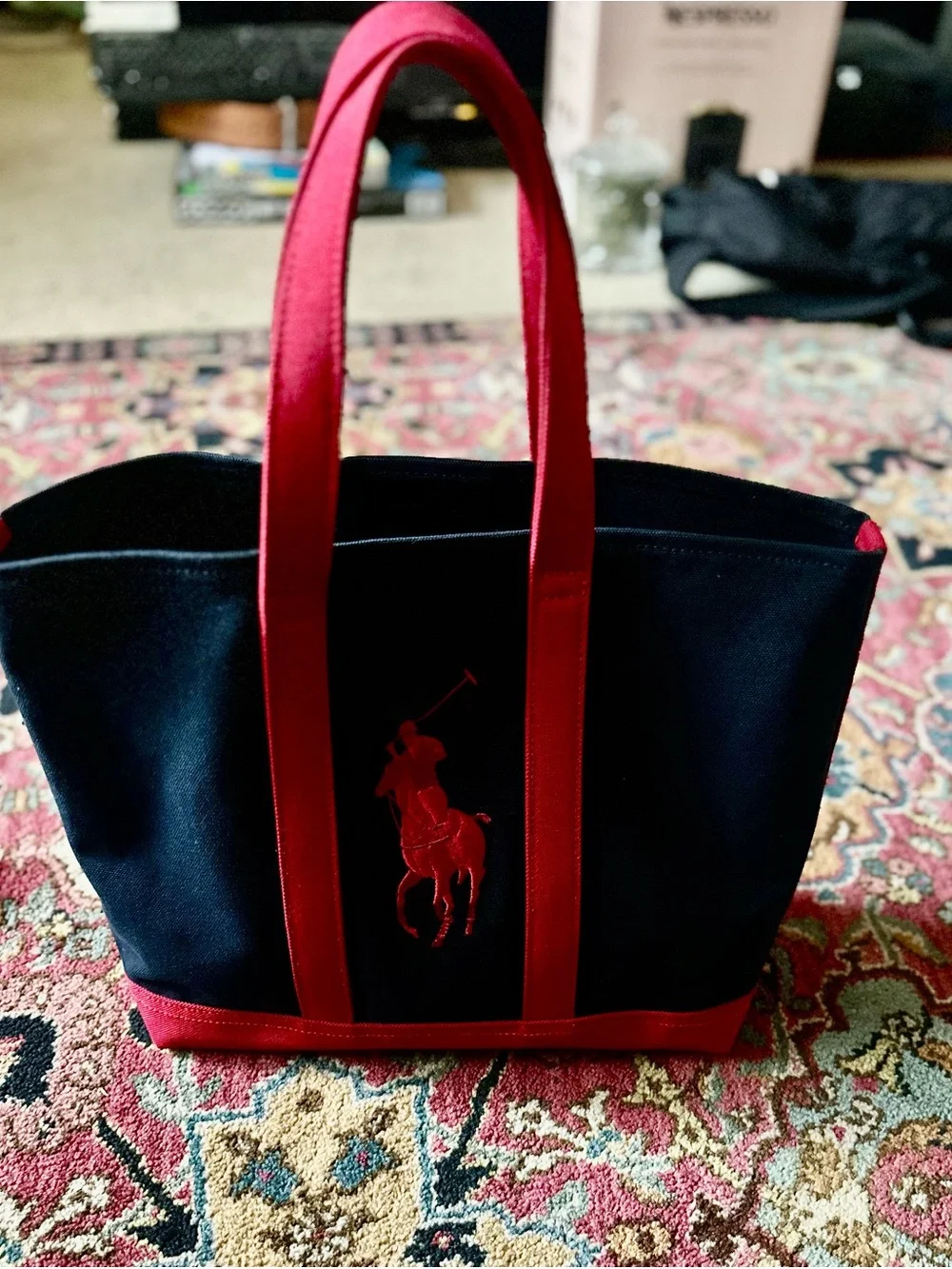 Ralph Lauren Black Canvas Tote with Red Trim and Polo Logo